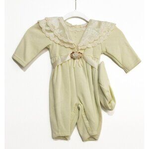 L'E Girl Ivory Polycotton Overall Bodysuit Fleece Lace Collar Button 18-24M NWOT